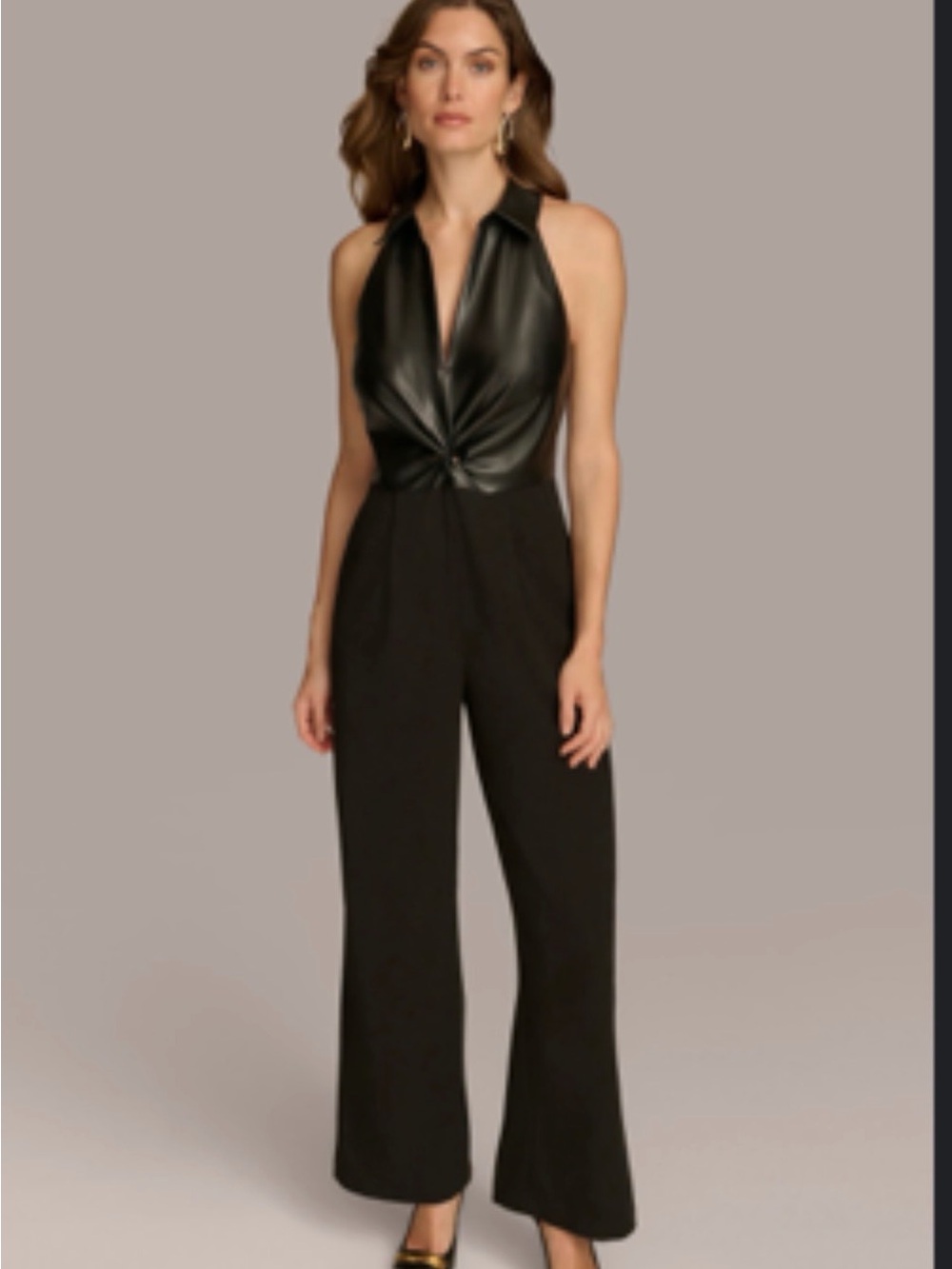 EUC Donna Karan New York Faux Leather Halter Jumpsuit – Size 14 – Black